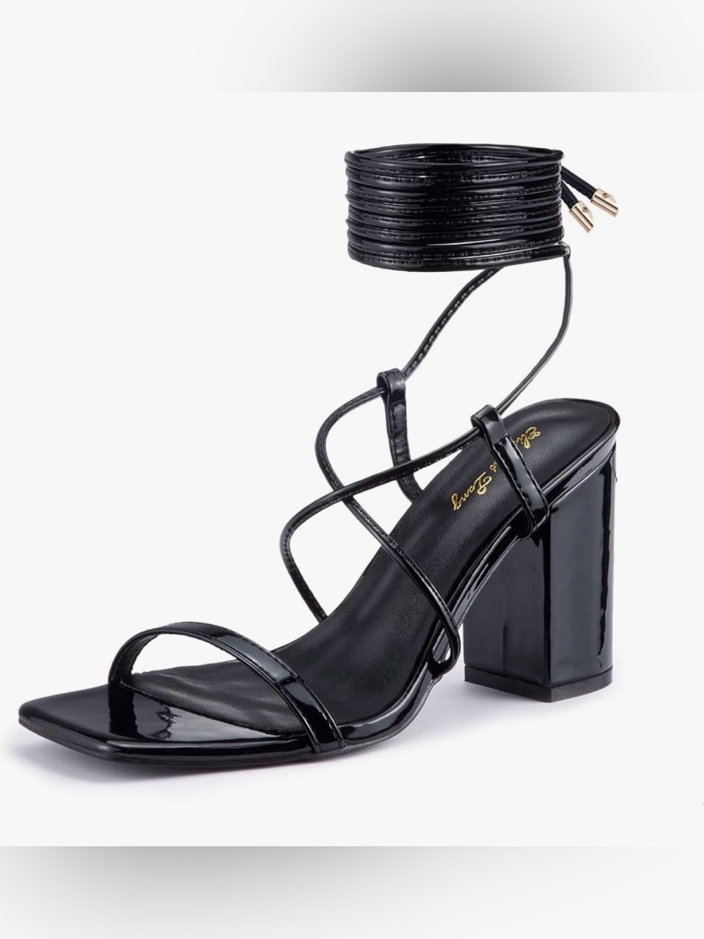 New Black Strappy Patent Ankle-Tie Block Heel Sandal ~7